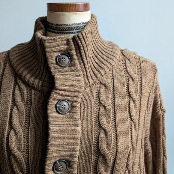 Vintage Brown Cable Knit Cardigan Chunky Grandpa Cosby Sweater Minimalist XL - Picture 9 of 10